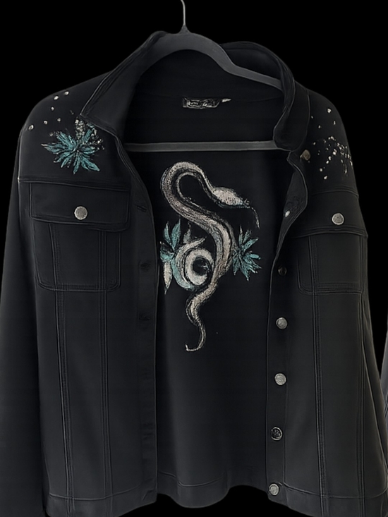 Diane Gilman Jackets & Blazers - Diane Gilman Black Denim Jacket with Embroidered Snake & Teal Florals